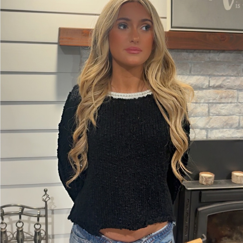 Black Knit Sweater with White Trim